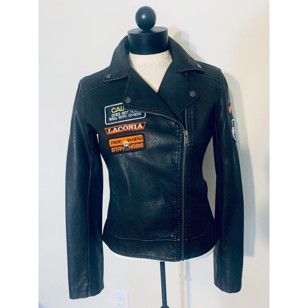 Women's Moto Jacket - Fitted Faux Leather with Custom Biker Patches